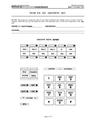 Page 476INTER-TELPRACTICESIMX/GMX 256 INSTALLATION & MAINTENANCEPROGRAMMINGIssue 1, November 1994
FIGURE 5-5;KEY ASSIGNMENTS (KEY)
TO USE: These pages give sample key maps for each station instrument type. Defaults, if any, are shown. Copy the
diagrams, identify the key map, and change the names of the appropriate keys to reflect their assignments in each key-
map.
KEYSElT KEY MAPNUMBERDESCXIPTIO~
EXECUTIVE DIGITAL KEYSET
IIIII
IHOLDpANsFER 11 
SYSSPD 1 REDIAL 1
I 
v VOLUME A 1
IANSWERI IOUTGOINGIPage 5-177 