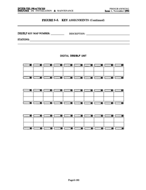 Page 482INTER-TELPRAcxKx3sIMX/GMX 256 INSTALLATION & MAINTENANCEPROGRAMMINGIssue 1, November 1994
FIGURE 5-5.KElY ASSIGNMENTS (Continued)
DWBLF KEY h4AP NUMBERDESCRIPTION:
DIGITAL DSS/BLF UNIT
D~DDDDDDDD
DDDDDDDDDD
DDDDDDDDDD
DDDDDDDDDD
DDDDDDDDDD
--D-------
Page 5-183 