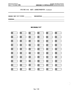 Page 483PROGRAMMINGIssue 1, November 1994INTER-TELPRACTICESIM.X/GM.X 256 INWTION & MAINTENANCE
FIGURE 5-5.KEY ASSIGNMENTS (Continued)
DWBLF KEW MAP NUMBER:DESCRIFI’IONz
!STXlTONS:
IMX DSWBLF UNIT’
Page 5-184 