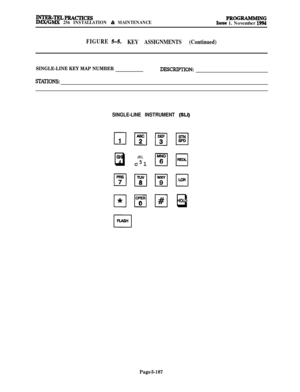 Page 486INTER-TIELPRACTICESWGMX 256 INSTALLATION & MAINTENANCEPROGRAMMINGIsane 1. November 1994
FIGURE 5-5.
KEY ASSIGNMENTS (Continued)
SINGLE-LINE KEY MAP NUMBERDESCRIPTIONt
SlWIONs:
SINGLE-LINE INSTRUMENT (SLI)
cl1
GHI
q4
ITI2
JKLcl
5
IT8
OPER
00
DEF
cl3III2
El
El
q
HDID
El
Page 5-187 