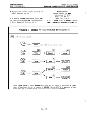 Page 50SPECIFICAlIONSIssue 1, November 1994INTER-TELPRACTICES
lMX/GMX 256 INSTALLATlON & MAINTENANCE
0Equipped with connectors designed specifically for
round, twisted-pair line cord
4.28Charcoal and 
grey twisted-pair line cords of vari-
ous lengths can be purchased 
from a local supply house
or directly 
from a cable distributor, such as:
AmericsnSources
Interstate Business Park 
#/806Fredericksburg, VA 22405
Phone: (703) 899-3777
FAX: (703) 371-4350
Pt. No.: 
LCM65OxL (Grey), LCM66OxL (Charcoal)
(whae x =...