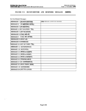 Page 494INTER-TELPRA~CESIMX/GMX 256 INSTALLATION & MAINTENANCE
PROGRAMMINGIssue 1, November 1994
FIGURE 5-9.DO-NOT-DISTURB AND REMINDER MESSAGES (MESG)Do-Not-Disturb Messages:
MESSAGE 1 
(DO-NOT-DI!?lTJRB)(THLS MESSAGE CANNOT BE CHANGED)
MESSAGE 2(INMEETINGUNTIL)MESSAGE 3 
(INMEFXING)
MESSAGE 4 (ON VACATION 
‘TIL)MESSAGE 5 
(ONVACATON)MESSAGE 6 
(CALLMEAl-)
MESSAGE 7(CALL ME 
AFTER)MESSAGE 8 (AWAY 
Al-)MESSAGE 9 (ONBREAK)
I
MESSAGE 10 (OUT OF TOWN ‘TIL)II
MESSAGE 11 (OUTOFOFFICE)
MESSAGE 12 (OUTUNTIL)
MESSAGE 13...