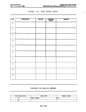 Page 503PROGRAMMINGIssue 1, November 1994INTER-TELPRACTICESIMX/GMX 256 INS~TlON & MAINTENANCE
FIGURE 5-13.PAGE ZONES (PAGE)“1.
IZONE
6FIGURE 5-14. RELAYS 
(RLAY)RCPU CARD RELAY
01
02RELAYTYPETENANT GROUP
Power FailureN/A1.
,’
Page 5-204 