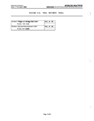 Page 515PROGRAMMINGIssue 1. November 1994INTER-TELPRACTIcEsIMX/GMX 256 INSTALLATION & MAINTENANCE
FIGURE 5-22.TOLL SECURITY (TOLL)Monitor 
7-Digit and lo-Digit Toll Cab?
Weekly Toll Limit:Monitor Operator/International Calls?
Weekly Toll Limit:Yea or No
Yea or No
Page 5-216 