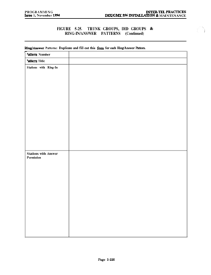 Page 525PROGRAMMINGIssue 1, November 1994lNTER-TELPRAcTIcEs
lMX/GMX 256 INSTAUATION & MAINTENANCE
FIGURE 5-25.TRUNK GROUPS, DID GROUPS 8z
RING-IN/ANSWER PATTERNS (Continued)
Ring/Answer Patterns: Duplicate and fill out this form for each Ring/Answer Pattern.
?attern Number
?attern Title
Stations with Ring-InStations with Answer
Permission
Page 5-226 