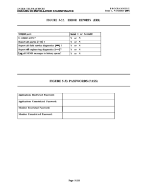 Page 532INTER-TELPRACTICESIMX/GMX 256 DEXALLATlON & MATYTENANCEPROGRAMMINGIssue 1, November 1994
FIGURE 5-32.ERROR REPORTS (ERR)
outpat port:IS&al 1 or Serial21Is output active?
Report all alarms 
[+++I ?Y or N
Y or N
Report all field service diagnostics 
[***I ?
Report 
alI engineering diagnostics [--I?
Lag all SEND messages to history queue?Y or N
Y or N
Y or N
FIGURE 5-33. PASSWORDS (PASS)
Applications Restricted Password:
Applications Unrestricted Password:
Monitor Restricted Password:
Monitor Unrestricted...