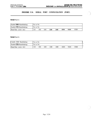 Page 533PROGRAMMINGlNTER-TELPRACTxcEsIssue 1, November 1994IMX/GMX 256 INS-TION 8z MAINTENANCE
FIGURE 5-34.SERIAL PORT CONFIGURATION (PORT)
serial Port 1:
Enable 
DSR Handshaking:
Enable 
CTS Handshaking:
Baud
Rate(circleone):Yes or No
Yes or No
110300600120024004800960019200
Serial Port 2:
1 Enable DSR Handshaking:1 Yes or NoEnable 
Cl% Handshaking:Yes or NoBaud
Rate(circleone):110300600120024004800960019200
Page 5-234 