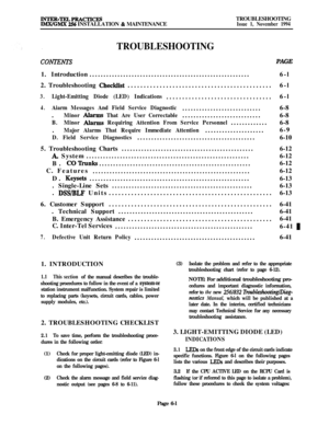 Page 537INTER-TELPRACTICESIMX/GMX 256 INSTALLATION & MAINTENANCETROUBLESHOOTINGIssue 1, November 1994
CONTENTS
TROUBLESHOOTING
PAGE1. Introduction.........................................................
2. Troubleshooting 
Checkiist.............................................
3.Light-Emitting Diode (LED) Indications.................................
4.Aiarm Messages And Field Service Diagnostic............................
.
Minor Alarms That Are User Correctable............................
B.Minor Alarms...