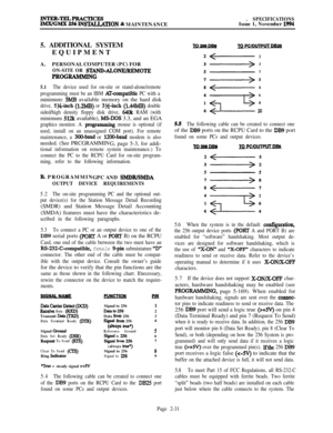 Page 57pERLz&cnSTALLATION & MAINTENANCE. SPECIFICATIONSIssue 1, November 19945. ADDITIONAL SYSTEM
EQUIPMENT
A.PERSONAL COMPUTER (PC) FOR
ON-SITE OR STAND-ALONEIREMOTE
PROGRAMMlNG
5.1The device used for on-site or stand-alone/remote
programming must be an IBM 
AT+ompatible PC with aminimum: 
5MB available memory on the hard disk
drive, Sy4-inch (1.2MB) or 3%~inch (1.44MB) double
sided/high density floppy disk drive, 
640k RAM (withminimum 
512k available), MS-DOS 3.3, and an EGA
graphics monitor. A grogramming...