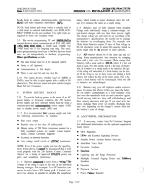 Page 58SPECIFICATIONSIssue 1, November 1994INTER-TELPRACTICE-SIMX/GMX 256 INSWTlON & MAINTENANCEbeads help to reduce electromagnetic interference
(EMI) and radio frequency interference (RFI).
NOTE: Each ferrite split bead, which is actually half ofa full bead, is ordered individually (see REPLACE-
MENT PARTS for the part number). Two split beads are
required to form one complete bead.
5.9The on-site programming PC and 
SMDR/SMDAoutput devices must communicate at 110, 300, 600,
1290,2400,4800,9600, or 19200...