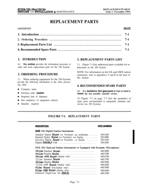 Page 579INTER-TELPRACTICESREPLACEMENTPARTSIMX/GMX 256 INSTALL,ATION & MAINTENANCEIssue 1. November 1994
REPLACEMENT PARTSCONTENTS
PAGE1. Introduction.........................................................7-l
2. Ordering Procedure..................................................7-l
3. Replacement Parts List
...............................................7-l
4. Recommended Spare Parts
............................................7-l
1. INTRODUCTION
1.1This section provides the information necessary to
order and...