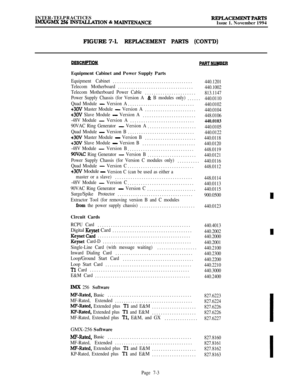 Page 581INTER-TELPRACTICESWGMX 256 INS~TION & -ANCEREPLACEMENTPARTSIssue 1. November 1994
FIGURE 7-l.
REPLACEMENT PARTS (CONT’D)
IPTlOJ$PART WdE!EBEquipment Cabinet and Power Supply Parts
Equipment Cabinet....................................440.1201
Telecom Motherboard..................................
440.1002
Telecom Motherboard Power Cable.......................
813.1147
Power Supply Chassis (for Version A & B modules only)......440.0110
Quad Module 
- Version A..............................440.0102+3OV...