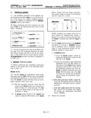 Page 588M’I’ENDIX A- GX STATION INSTRUMENTSINTER-TELPRACTICESIssue 1, November 1994IMX/GMX 256 INS~TION & MAJNTENANCE3. 
INSTALLA~ON
3.1The installation instructions in this appendix con-
tain information that differs 
from or is not covered in the
rest of the manual. For complete installation informa-
tion, use this appendix in conjunction with the 
INSTAL-
LAYTON section of the manual.32 When performing the loop resistance test (see
page 3-29), use the following loop limit values for GX
station instruments:
GX...