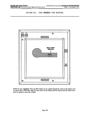 Page 604INTER-TELPRAcTxcESAPPENDIX B - GMX STATION INSTRUMEHTSIMX/GMX 256 INSTALLATION & MAINTENANCEIssue 1, November 1994
FIGURE B-4.GMX DSS/BLF UNIT BOTTOM,
NOTE: On most DSS/BLF Units, the DIP switches can be reached through the cutout in the bottom cover
(as shown above). With other units, the four screws on the bottom must be removed and the bottom cover
must be opened to access the switches.
Page B-9 