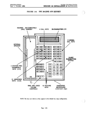 Page 62SPECIFICATIONS
Issue 1, November 1994INTER-TELPRACTICESIMX/GMX 256 INS-TION % MAINTENANCE
FIGURE 2-6.IMX 24-LINE AIM KEYSET
HEARING AID-COMPATIBLE
(HAC) HANDSET4 CALL KEYS32-CHARACTER LCD
INTERNAL
SPEAKER
\
/
8 STATION PRO-
GRAMMABLE
KEYS (5-12)
/
12 UNDEFINED
KEYS (13-24)
nA
III
\
/
C
*’
-L
I
CEI
1
10 SPEED-
DIAL KEYS
/
12.KEY
PUSHBlJlTON
KEYPAD
/
RING AND VOICE18 FEATUREHANDSFREE
VOLUMEKEYSMICROPHONE
CONTROLS
(underneath edge)
NOTE The keys are shown as they appear in the default key map...