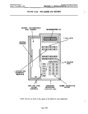 Page 66SPECIFICATIONSIssue 1, November 1994INTER-TELPRACTICESlMX/GMX 256 INSTALLATlON & MAINTENANCE
FIGURE 2-10.IMX &LINE AIM KEYSET,-- ‘\:i:i..I
HEARING AID-COMPATIBLE
(HAC) HANDSET
32-CHARACTER LCD
INTERNAL
SPEAKER
\
4 STATION PRO-
GRAMMABLE
KEYS (5-8)4 CALL KEYS
114 FEATURE
KEYS
RING AND VOICE
VOLUME
CONTROLSHANDSFREE
12-KEY PUSHBUTTON
MICROPHONEKEYPAD
(underneath edge)
NOTE: The keys are shown as they appear in the default key map configuration.
Page 
2-40 