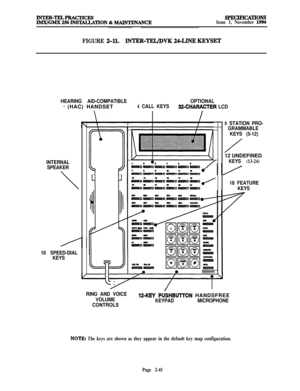 Page 67SPECIFTCATIONS
Issue 1, November 1994
FIGURE 2-UINTER-TEL/DVK M-LINE KEYSET
HEARING AID-COMPATIBLEOPTIONAL
- (HAC) HANDSET4 CALL KEYS32-CHARACTER LCD
INTERNAL
SPEAKER
\
10 SPEED-DIAL
KEYS
8 STATION PRO-
GRAMMABLE
KEYS (5-12)
/12 UNDEFINED
KEYS (13-24)
18 FEATURE
KEYS
RING AND VOICE
12-KEY PUSHBUlTON HANDSFREEVOLUME
KEYPADMICROPHONE
CONTROLS
NOTE: The keys are shown as they appear in the default key map configuration.
Page 2-41 