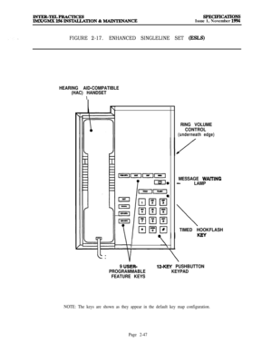 Page 73SF’ECIFICATIONSIssue 1, November 1994
FIGURE 2-17.ENHANCED SINGLELINE SET (ESLS)
HEARING AID-COMPATIBLE
(HAC) HANDSET
I
II\
RING VOLUME
CONTROL
(underneath edge)
MESSAGE WAlTlNG-LAMP
\
TIMED HOOKFLASH9 
USER-12-KEY PUSHBUTTON
PROGRAMMABLEKEYPAD
FEATURE KEYS
NOTE: The keys are shown as they appear in the default key map configuration.
Page 2-47 