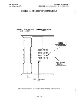 Page 74SPECIFICATIONS
Issue 1, November 1994INTER-TELPRACTICESIMX/GMX 256 INSTALLATION & MAINTENANCE
FIGURE 218.SINGLELINE INSTRUMENT (SLl)
HEARING AID-COMPATIBLE12-KEY PUSHBUTTON
(HAC) HANDSETKEYPAD
II II
TIMED HOOKFLASH4 
USER-
PROGRAMMABLE
FEATURE 
KEYS
\
RING VOLUME
CONTROL
(underneath edge)
NOTE: The keys are shown as they appear in the default key map configuration.
Page 2-48 