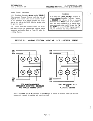 Page 82IlWTALUTIONIssue 1, November 1994INTER-TELlPRACTICESlMX/GMX 256 INSTALLATION & MAINTENANCE
Analog Station Instruments
4.10Terminate the analog 
keyset, analog DSS/BLF
Unit, Attendant Computer Console, single-line set, and
playback device station cables on six-conductor modu-
lar jack assemblies at the station locations. (For excep-
tions to this, refer to the NOTE following section A on
the previous page.)
4.I.lDo not mount the assemblies on the wall at this
time; they will be wall mounted later when the...