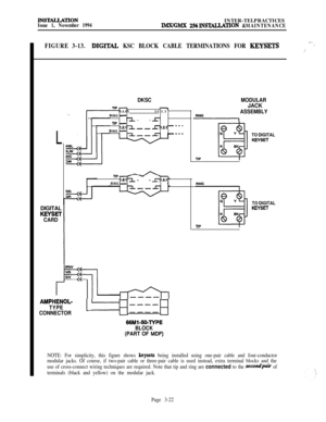 Page 96INSTALLATIONIssue 1, November 1994INTER-TELPRACTICESIMXIGMX 256INS~~ON &MAINTENANCE
, . .FIGURE 3-13.DIG+ KSC BLOCK CABLE TERMINATIONS FOR KEYSETS\
/
LDIGITAL
KEYSET
CARDDKSC
-1 l-1.1.1
RING ---
np -121~,,~1.!21--‘-RING ---me
np1.8.11--Jy.8.1RING -
AMPHENOL-
TYPE
CONNECTOR
1 ‘-&---I
66Ml-50-TYPE
BLOCK
(PART OF 
MDF)
MODULARJACK
ASSEMBLY
A
TO DIGITALKEYSET
np
TO DIGITALKEYSET
NOTE: For simplicity, this figure shows keysets being installed using one-pair cable and four-conductor
modular jacks. Of course,...