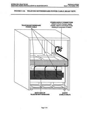 Page 125INTER-TELPRACTICES 
IMX/GMX 416/832 INSTALLATION & MAINTENANCE INSTALLATION 
Issue 1, November 1994 
FIGURE 3-24. 
TELECOM MOTHERBOARD POWER CABLE (REAR VIEW) 
POWER SUPPLY CONNECTORS 
(Attach to front of power supply, 
chassis, which is not shown in this 
drawing for purposes of detail.)  TELECOM MOTHERBOARD 
POWER CABLE 
1 
; 
 
- 
- 
r- 
BACK SIDE OF 
SOFFIT 
TELECOM MOTHERBOARD 
(CABLE SHELF) 
Page 3-41  