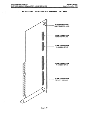 Page 163INTER-TELPRACTKES INSTALLATION 
IMX/GMX 416/832 INST4LLATION & MAINTENANCE Issue 1, November 1994 
FIGURE 3-48. MFM-TYPE DISK CONTROLLER CARD 
5 
5 
s 
5 
5 
5 
5 
5 
: 
: 
/ 
5 
4 
: 
: 
; 
: 
; 
: 
I 
; 
; 
; 
: 
: 4PIN CONNECTOR 
TO SYSTEM STATUS PANEL 
W-PIN CONNECTOR NOT CURRENTLY USED 
19PIN CONNECTOR TO HARD DISK DRIVE 
33-PIN CONNECTOR TO HARD DISK DRIVE 
33-PIN CONNECTOR TO FLOPPY DISK DRIVE 
Page 3-79  