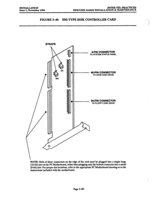 Page 164INST4LLATION Issue 1, November 1994 INTER-TELPRACTICES 
IMX/GMX 416/832 INSTALLATION & MAINTENANCE 
FIGURE 3-49. IDETYPE DISK CONTROLLER CARD 
STRAPS 
4-PIN CONNECTOR 
TO SYSTEM STATUS PANEL 
40-PIN CONNECTOR TO HARD DISK DRIVE 
34-PIN CONNECTOR TO FLOPPY DISK DRIVE 
NOTE: Both of these connectors on the edge of the card must be plugged into a single large 
(16-bit) slot on the PCMotherboard, rather than plugging only the bottom connector into a small 
(S-bit) slot. For proper slot locations, refer to...