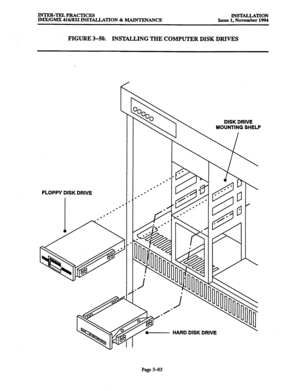 Page 167INTER-TELPRACTICES 
IMX/GMX 416/832 INSTALLATION % MAINTENANCE INSTALLATION 
Issue 1, November 1994 
FIGURE 3-50. 
INS’IALLING THE COMPUTER DISK DRIVES 
FLOPPY DISK DRIVE 
. 
. 
. 
* 
.* 
. 
DISK DRIVE 
MOUNTING SHELF 
 
/ 
 
HARD DISK DRIVE 
Page 3-83  