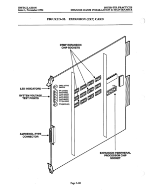 Page 172INSTALLATION 
Issue 1, November 1994 INTER-TELPRACTICES 
IMX/GMX 416/832 INSTALIATION & MAINTENANCE 
FIGURE 3-52. EXPANSION @Xl’) CARD ._ 
j 
7 
AMPHENOL-TYPE, 
CONNECTOR DTMF EXPANSION 
CHIP SOCKETS 
LED INDICATORS 
SYSTEM VOLTAGE, 
TEST POINTS 
EXPANSION PERIPHERAL 
PROCESSOR CHIP 
SOCKET 
Page 3-88  