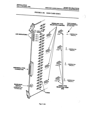 Page 184INSTALLATION 
Issue 1, November 1994 
IMx/GMx 
416/832 IN~~xLL?=-= pRAcTIcEs TNm & -ANCE 
FIGURE 3-59. 
E&M CARD (EMC) 
 
2 
j 
LED INDICATORS 
< 
AMPHENOL-TyPE 
CONNECTOR - 
MAKE-BUSY 
SWITCH - 
(RESERVED FOR 
FUTURE USE) 
SIGNALING TYPE 
SELECTION JUMPERS 
FUSES THESE 
NUMBERS 
ARE SILKSCREENED 
ON THE CARD 
1 J 
- JUMPERS FOR 
CIRCUtT 2 
0 - JUMPERSF 
ClRCLm ‘OR 
1 
3 - JUMPERS FOR 
CIRCUIT 4 
2 - JUMPERS FOR 
CIRCUIT 3 
AUDI6 TYPE 
SELECTION JUMP- 
ERS 
Page 3-100  