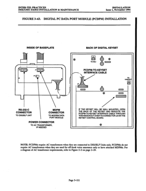 Page 195INTER-TELPRACTXCES INSTALLATION lMX/GMX 416/832 INSlALLATION & MAINTENANCE Issue 1, November 1994 
FIGURE 3-63. DIGITAL PC DAT4 PORT MODULE (PCDPM) INSTALLATION 
INSIDE OF BASEPLATE BACK OF DIGITAL KEYSET 
M-232-C 
CONNECTOR 
TO DSS/BLF UNIT 
CONNECTOR 
TO MODEM DATA 
PORT MODULE 
POWER CONNECTOR 
TO AC TFiANSFORtvlER, 
IF NEEDED 
Q 
PCDPM-TO-KEYSET 
7. INTERFACE CABLE 
m 
Q 
IF THE KEYSET WILL BE WALL MOUNTED, OPEN 
THE BACK OF THE KEYSET AND REROUTE THE 
PCDPM-TO-KEYSET INTERFACE CABLE THROUGH 
THIS...