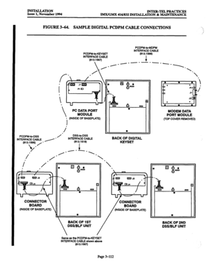 Page 196INS=TION 
Issue 1, November 1994 INTER-TELPRACTICES 
lMX/GMX 416/832 INSTALLATION & MAINTENANCE 
FIGURE 3-64. SAMPLE DIGITAL PCDPM CABLE CONNECTIONS 
PCDPM-to-MDPM 
INTERFACE CABLE 
PCDPM-*KEYSET (813.1588) 
INTERFACE CABLE 
(813.1587) 
4 
 /‘---------- 
 
PC DATA PORT 
MODULE 
* (INSIDE OF BASEPLATE) 
I 
. 
PCDPM-to-DSS /*- DSS-to-DSS 
INTERFACE CABLE / - INTERFACE CABLE 
(813.1595) , - (813.1519) 
ye i 
/ .I------- ‘. 
BACK OF DIGITAL 
KEYSET 
/ 
/-  
, 
. 
CONNECTOR 
(INSIDE OF BASEP 
San-m as the...