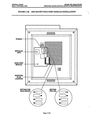 Page 206INSTALLATION 
Issue 1, November 1994 INTER-TELPRACTICES 
IMX/GMX 416/832 INSTALLATION & MAINTENANCE 
FIGURE 3-68. IMX KEYSET DATA PORT MODULE INSTALLATION 
STRAPS 
MODULAF 
JACK 
DATA POR 
MODULE 
SHORTING 
PLUG 
LOCATIO! 
.:.:.:.:.:.:.:.:.:.:.:.~.:.:.:.:.:.:.q:.:$~: 
::::::::::::!:::~~~~~~::~:::: 
8 
/ /- .~~:~:::::::~:~:::::~.::::::::::::::: 
 Q 
/ 
/  
SETTING FOR 
DATA DEVICE 
4 
:! 
i 
/’ 
Page 3-122  