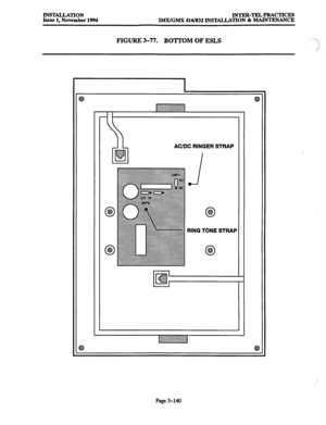 Page 224INSTALLATION 
Issue 1, November 1994 INTER-TELPRACTICES 
IMX/GMX 416/832 INSlXLLATION & MAINTENANCE 
FIGURE 3-77. BOmOM OF ESLS 
J 
. . . . . . . ..i. 
Fib m 
. ..$y. 
0 8 
0 @I 0 8 
RING TONE STRAP 
0 8 
Page 3-140  