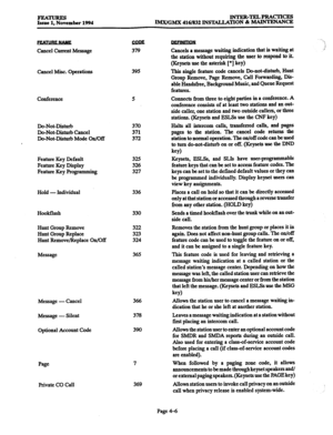 Page 245lNTER-TELPRACTIcES 
UGlbfX 416/832 lNSTALLATION & MAINTENANCE 
Cancel Current Message 
379 
Cancel Misc. Operations 395 
Chference 
5 
Do-Not-Disturb 370 
Do-Not-Disturb Cancel 371 
Do-Not-Disturb Mode On/Off 372 
Feature Key Default 325 
Feature Key Display 
326 
Feature Key Programming 
327 
Hold - Individual 
Hookflash 336 
330 
Hunt Group Remove 
322 
Hunt Group Replace 
323 
Hunt Remove/Replace On/Off 324 
Message 365 
Message - Cancel 
Message - Silent 
Optional Account Code 
Page 
Private CO Call...