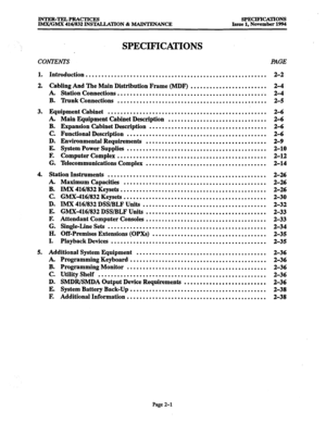 Page 29INTER-TELPRACTICES SPECIFICA~ONS 
IMX/GMX 416/832 INSTALLATION & MAINTENANCE Issue 1, November 1994 
SPECIFICATIONS 
CONTENTS PAGE 
1. Introduction ......................................................... 
2. Cabling And The Main Distribution Frame (MDF) ........................ 
A Station Connections 
........................................... ..c. 
B. ‘Dunk Connections ............................................... 
3. Equipment Cabinet .................................................. 
. Main...