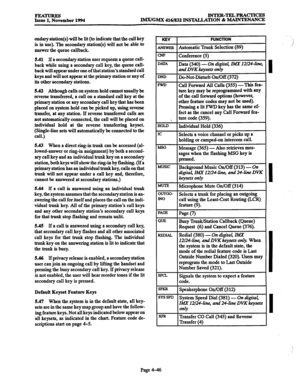 Page 285FEATURES INTER-TELPRAcTIcES 
Issue 1. November 1994 IMXIGMX 416/832 INS‘XALLATION & MAINTENANCE 
ondary station(s) will be lit (to indicate that the call key 
is in use). The secondary station(s) will not be able to 
answer the queue callback. 
5.41 If a secondary station user requests a queue call- 
back while using a secondary call key, the queue call- 
back will appear under one of that station’s standard call 
keys and will not appear at the primary station or any of 
its other secondary stations....