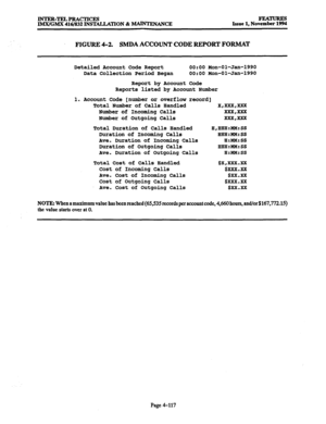 Page 356INTER-TELPRACTICES 
IMJ4GM.X 416/832 INSTALLATION & MAINTENANCE FEATURES 
Issue 1, November 1994 
FIGURE 4-2. SMDA ACCOUNT CODE REPORT FORMAT 
Detailed Account Code Report 0O:OO Mon-Ol-Jan-1990 
Data Collection Period Began 0O:OO Mon-01-Jan-1990 
Report by Account Code 
Reports listed by Account Number 
1. Account Code [number or overflow record] 
Total Number of Calls Handled 
x,-t= 
Number of Incoming Calls 
X=,= 
Number of Outgoing Calls 
x=,- 
Total Duration of Calls Handled H,HHH:MM:SS 
Duration of...