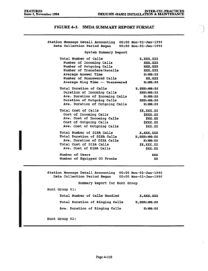 Page 357F-EATURES 
Issue 1, November 1994 INTER-TELPRACTICES 
IMX/GMX 416/832 INSTALLATION & MAINTENANCE 
FIGURE 4-3. SMDA SUMMARY REPORT FORMAT 
Station Message Detail Accounting 0O:OO Man-01-Jan-1990 
Data Collection Period Began 
0O:OO Mon-Ol-Jan-1990 
System Summary Report 
Total Number of Calls 
Number of Incoming Calls 
Number of Outgoing Calls 
Number of Transfers/Recalls 
Average Answer Time 
Number of Unanswered Calls 
Average Ring Time -- Unanswered 
Total Duration of Calls 
Duration of Incoming Calls...