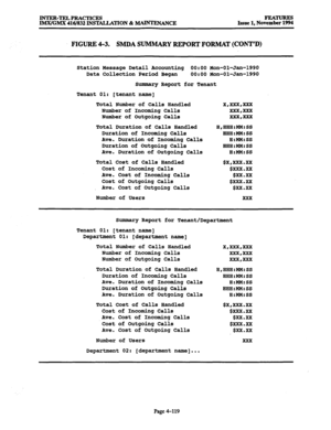 Page 358INTER-TELPRACTICES 
IM2VGM.X 416/832 INSTALLATION & DANCE 
FIGURE 4-3. SMDA SUMMARY REPORT FORMAT (CONT’D) 
Station Message Detail Accounting 0O:OO Won-Ol-Jan-1990 
Data Collection Period Began 0O:OO Won-01-Jan-1990 
Summary Report for Tenant 
Tenant 01: [tenant 
name] 
Total Number of Calls Handled 
Number of Incoming Calls 
Number of Outgoing Calls 
Total Duration of Calls Handled 
Duration of Incoming Calls 
Ave. Duration of Incoming Calls 
Duration of Outgoing Calls 
Ave. Duration of Outgoing Calls...