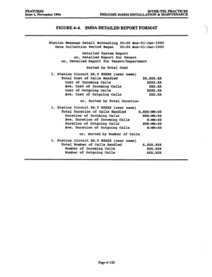 Page 359FEATURES 
Issue 1, November 1994 INTER-TELPRACTICES 
WGMX 416/832 INSTALLATION & MAINTENANCE 
FIGURE 4-4. SMDA DETAILED REPORT FORMAT 
Station Message Detail Accounting 0O:OO Mon-Ol-Jan-1990 
Data Collection Period Began 
0O:OO Mon-Ol-Jan-1990 
Detailed System Report 
or, Detailed Report for Tenant 
or, Detailed Report for Tenant/Department 
Sorted by Total Cost 
1. Station Circuit XX.Y EXXXX [user name] 
Total Cost 
of Calls Handled $X,xXx.xX 
Cost of Incoming Calls 
$XXX.XX 
Ave. Cost of Incoming Calls...