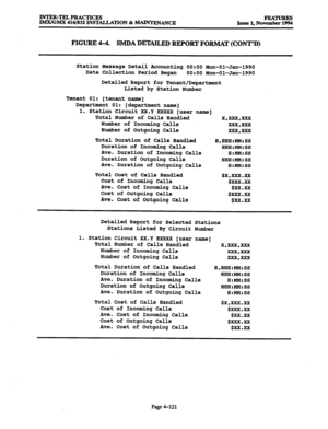 Page 360INTER-TELPFtACTICEs 
IMX/GMX 416/832 INSTALIATION & MAINTENANCE FEATURES Issue 1. November 1994 
FIGURE 4-4. SMDA DETAILED REPORT FORMAT (CONT’D) 
Station Message Detail Accounting 0O:OO Mon-Ol-Jan-1990 
Data Collection Period Began 
0O:OO Mon-Ol-Jan-1990 
Detailed Report for Tenant/Department 
Listed by Station Number 
Tenant 01: [tenant name] 
Department 01: [department name] 
1. Station Circuit XX.Y EXXXX [user name] 
Total Number of Calls Handled 
x,=x,= 
Number of Incoming Calls 
xXx,== 
Number of...