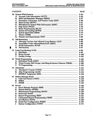 Page 366PROGRAMMING 
Issue 1, November 1994 INTER-TELPRACTICES 
WGlMX 416/832 INSTALLATION & MAINTENANCE 
CONTENTS PAGE 
10. System-Wide Features 
............................................... 5-54 
. Account Code Information 
(ACer’) 
................................. 5-54 
B. DND And Reminder Messages (MESG) 
............................. 5-57 
C. Extensions, Usernames, And Feature Codes (EXT) .................... 5-58 
D. Hunt Groups (HUNT) 
............................................ 5-61 
E....