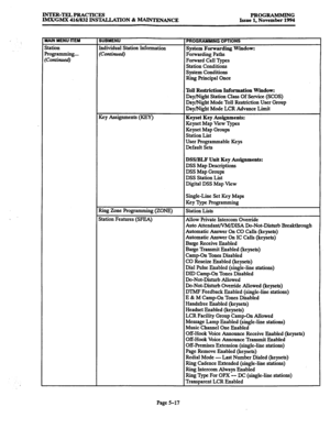 Page 381INTER-TELPRACTICES 
IMWGMX 416/832 INSWTION % MAINTENAIVCE PROGRAMMING 
Issue 1, November 1994 
WIN MENU ITEM 
station 
?rogralnming... 
C0ntinua.i) 
SUBMENU 
Individual Station Information 
(Continued) 
PROGRAMMING OPTIONS 
System Forwarding Widow: 
Forwarding Paths 
Forward Call ms 
Station Conditions 
System Conditions 
Ring Principal Once 
Key AssigMlents (KEY) 
Toll Restriction Information Window: 
Day/Night Station Class Of Service (SCOS) 
Day/Night Mode Toll Restriction User Group 
Day/Night Mode...