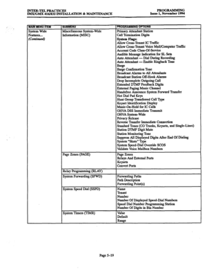 Page 383INTER-TELPRACTICES 
IMX/GMX 416/832 INS’E4LLATION & MAINTENANCE PROGRAMMING 
Issue 1, November 1994 
_ --_-___ -_-- -_-_-_ 
system Wide 
Features... 
fConfi?lued) 
_____. -__- 
Miscellaneous System-Wide 
Information (MISC) Primary Attendant Station 
Call Termination Digits 
System Flags: 
Allow Cross-Tenant IC Traffic 
Allow Cross-Tenant Voice Mail/Computer Traffic 
Account Code Class-Of-Service 
Audible Message Indication for SL Sets 
Anto Attendant -Dial Iking Recording 
Auto Attendant - Enable...