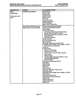 Page 385INTER-TELPRACTICES 
IMWGMX 416/832 INSTALLATION 8z MAINTENANCE PROGRAMMING 
Issue 1, November 1994 
BAIN MENU ITEM 
hnk 
%ogramming... 
%ontinuedonnfW 
we) 
SUBMENU 
Individual Trunk (INMJ 
PROGRAMMING OPTIONS 
Group Number 
Receive Gain 
Transmit Gain 
Hybrid Balance 
E&M Interface 
Start Type 
Current lYI Detect 
Trunk Groups, DID Groups, And 
Ring-In/Answer Patterns (TRNK) Relaxed Ring Detect 
MMF Signaling 
Ignore Answer Supervision 
Trunk Group Programming Window: 
TN& Group Description & Name...