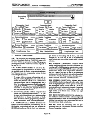 Page 405INTER-TELPRACTICES 
IMxlGMX 416/8X INSTALLATION & -ANCE PROGRAMMING 
Issue 1. November 1994 
[nk) 
Forwarding Path 2 
Forward 
Cali’Qpes 
Forwarding Path 2 
ir 
- 
III Ring-h 0 nansfer 
q IC Calls 0 Recall 
40 DISA/AA~ DID 0 E&h 
~s~~~~~~~~s~~~~~~~~s~~~~~~l 
System Conditions 
System Conditions System Conditions 
Day Mode q Night Mode Day Mode 0 Night Mode 17 Day Mode 0 Night Mode 
w Ring Principal Once 
cl Ring Principal once 
0 Ring Principal Once 
I. SYSTEM FORWARDING 
8.48 The forwarding path...