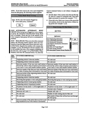 Page 427INTER-TELPRACTICES 
IMX/GMX 416/832 lNST4LLATION & MdN?-ENANCE PROGRAMMING 
Issue 1. November 1994 
10.32 If you later remove the voice mail designation 
from the hunt group, the following window appears: 
3 
77 
All SL sets will remain flagged as 
. 
voice mail ports, Continue? 
(Ok) (cancel] 
10.33 AUTOMATED A’ITEN-DANT HUNT 
GROUP: 
Ifthe hunt group is flagged as a voice comput- 
er group, the Automated Attendant Hunt Croup check 
box is available. Check this box if the stations in the 
voice computer...