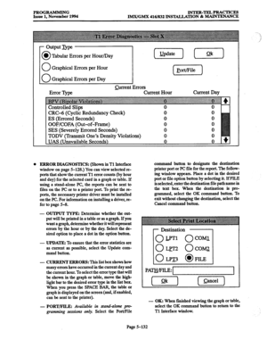 Page 496PROGRAMMING 
INTER-TELPRACTICES 
Issue 1, November 1994 
AWGMX 416/832 INSTALLATION & MAINTENANCE 
0 
Tabular Errors per Hour/Day 
Graphical Errors per Hour 
Graphical Errors per Day 
(gizii-) 
Error ‘Ifipe orrent Errors 
Current Hour Current Day 
Controlled Slips 
CRC-6 (Cyclic Redundancy Check) 
ES (Errored Seconds) 
OOF/COFA (Out-of-Frame) 
SES (Severely Errored Seconds) 
TODV (Transmit One’s Density Violations) 
UAS (Unavailable Seconds) 
ERROR DIAGNOSTICS: (Shown in Tl Interface 
window on page...